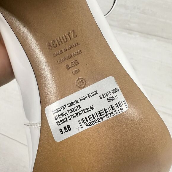 Schutz Size 8.5 B Dorothy High Block Heels Patent Leather Black White W/ FLAW - Picture 8 of 12